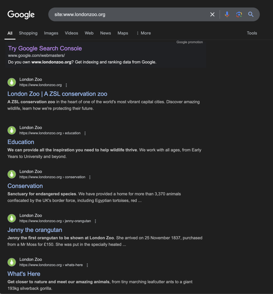 The search engine results page for the search 'site:www.londonzoo.org'