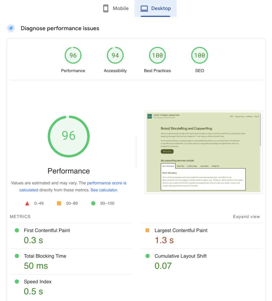 PageSpeed Insight's Desktop Performance features