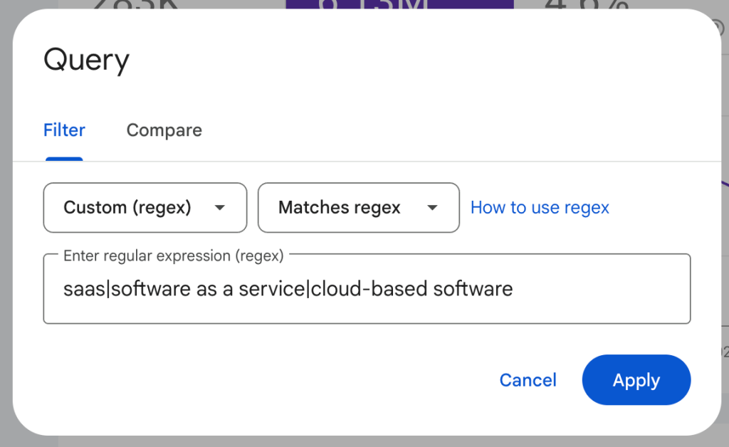 The Google Search Console Query filter box, where you can use custom regex to create complex filters