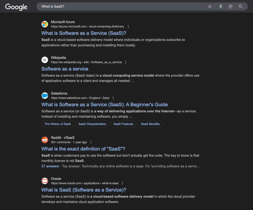A search engine results page with the query 'What is SaaS?'. 